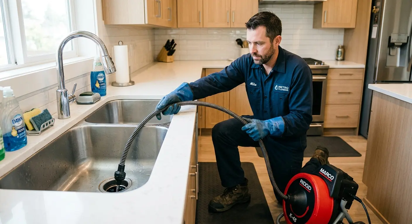 Drain cleaning technician using a motorized snake on a kitchen sink in East Niles