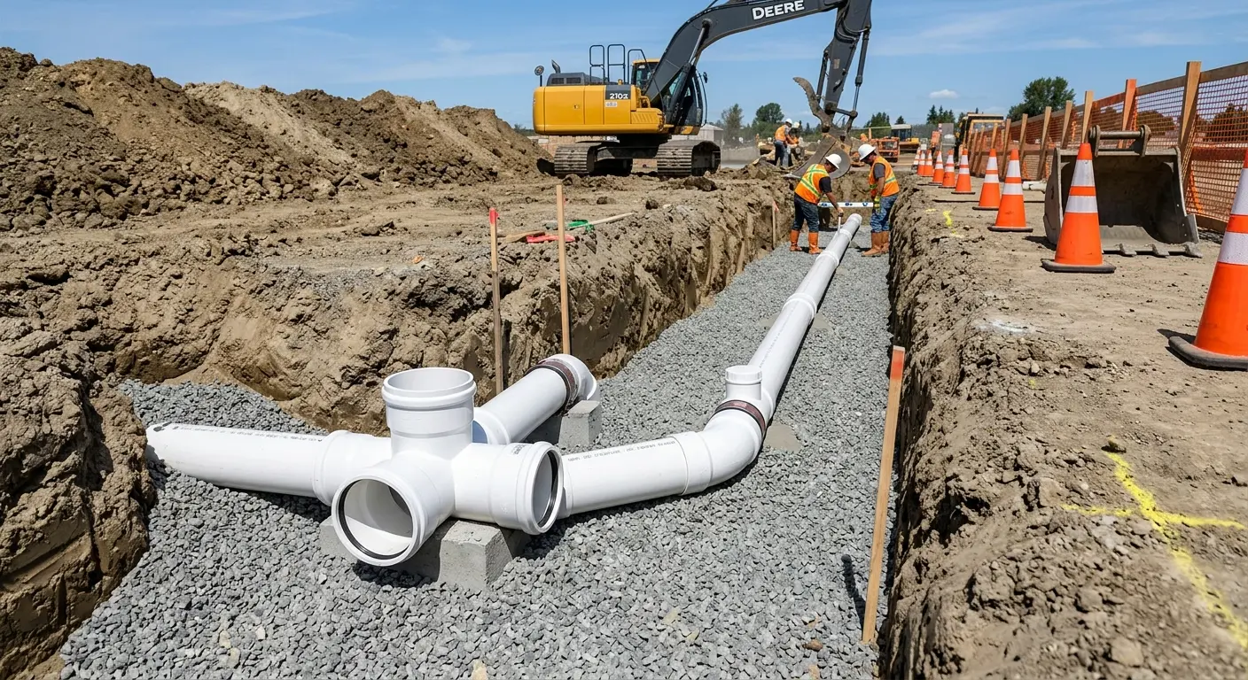 New PVC sewer pipe installation in open trench for Sewer Backup in East Niles