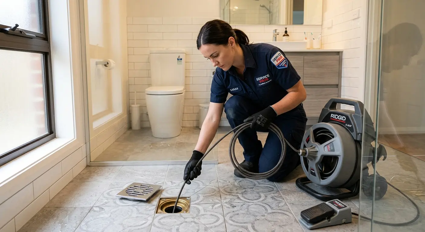 Technician clearing a bathroom floor drain for Sewer Line Replacement in East Niles